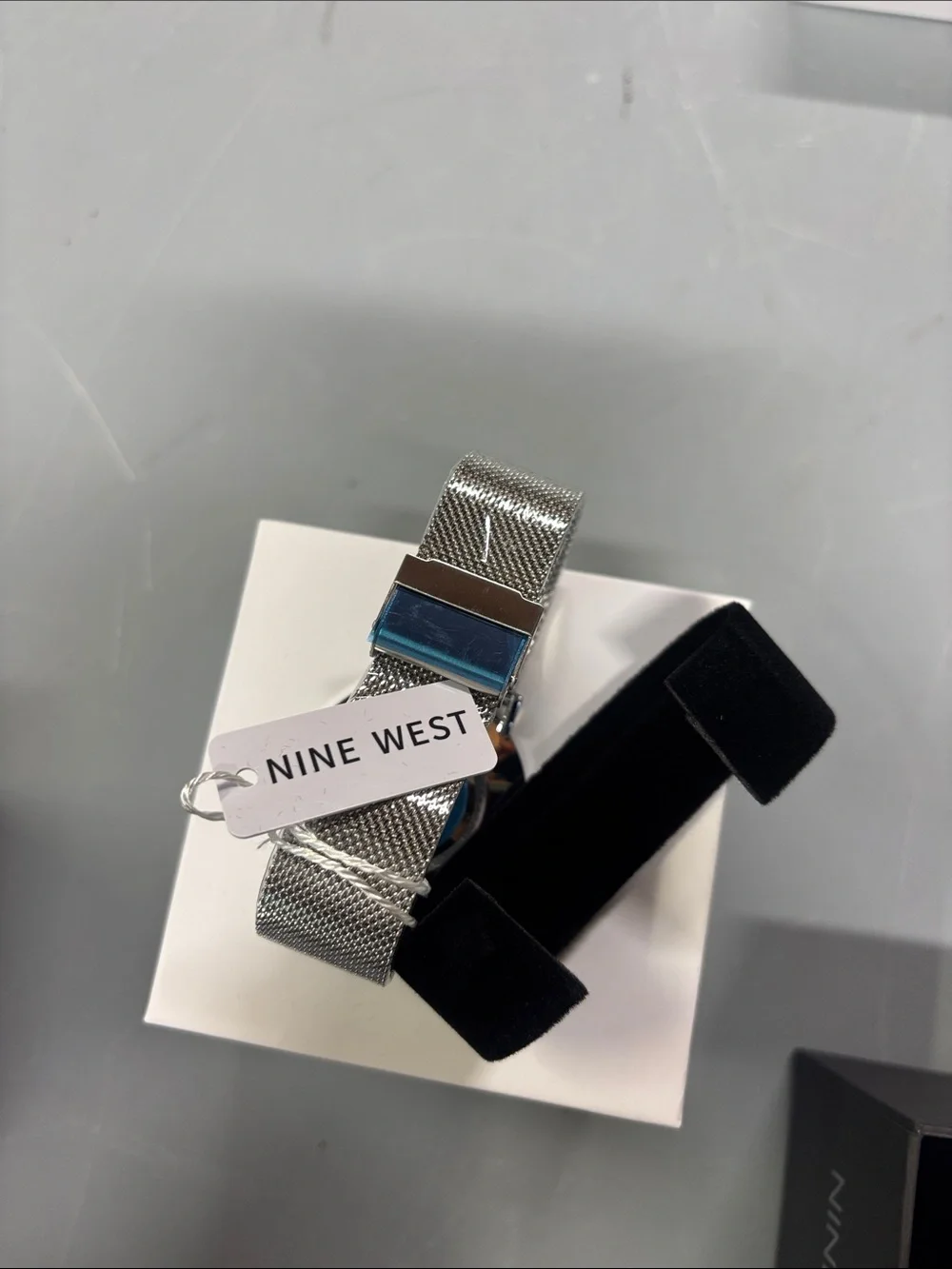 Nine West Silver Mesh Watch with Black Dial